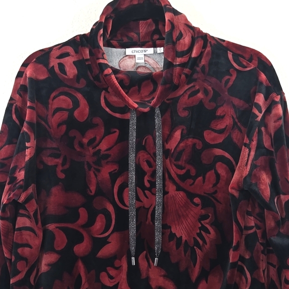 Chico's Red/Black Velvety Soft Velour Funnel Neck Long Sleeve Top, 0 (Small) - Picture 2 of 6